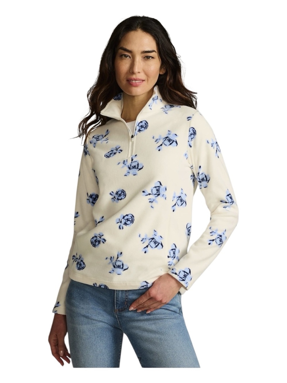 Lands’ End Anywhere Fleece Quarter Zip Pullover Ivory Blue Floral size M - Picture 2 of 12